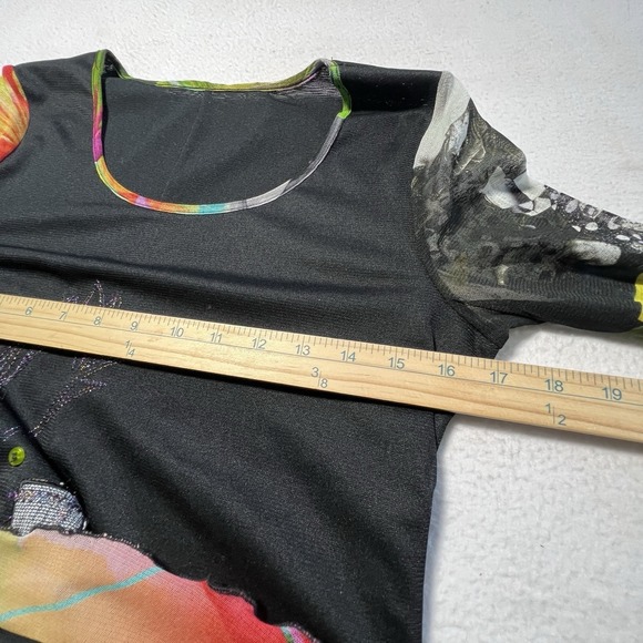 Artsy Mixed Media Patchwork Tunic Top L Black Floral Polka Dot Mesh Embellished - Picture 7 of 10